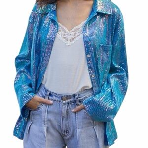 POL Iridescent Blue Sequin Oversized Button Down Blouse L
